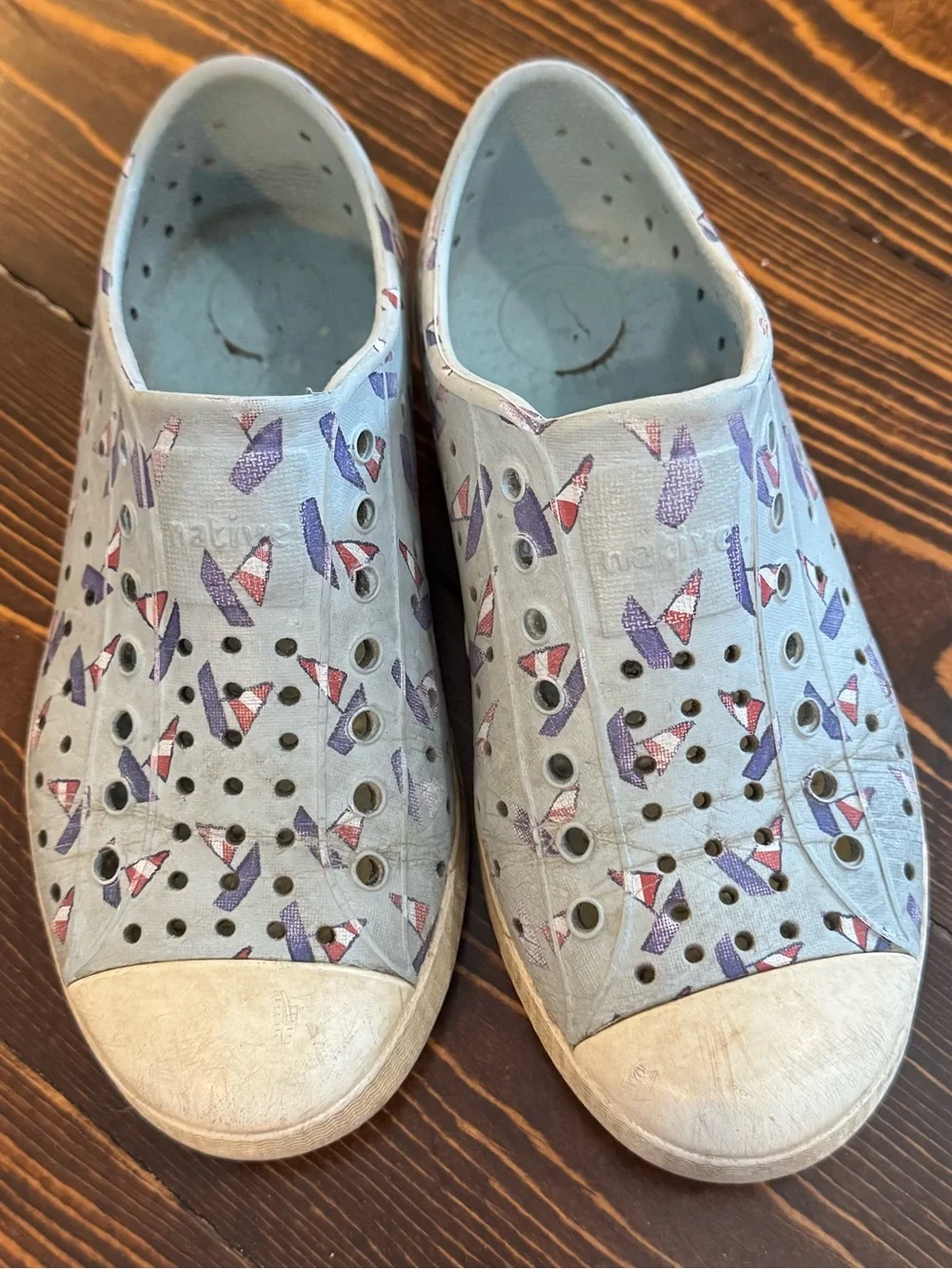 Native Kids Slip-On Water Shoes in Light Blue with all over sailboat print